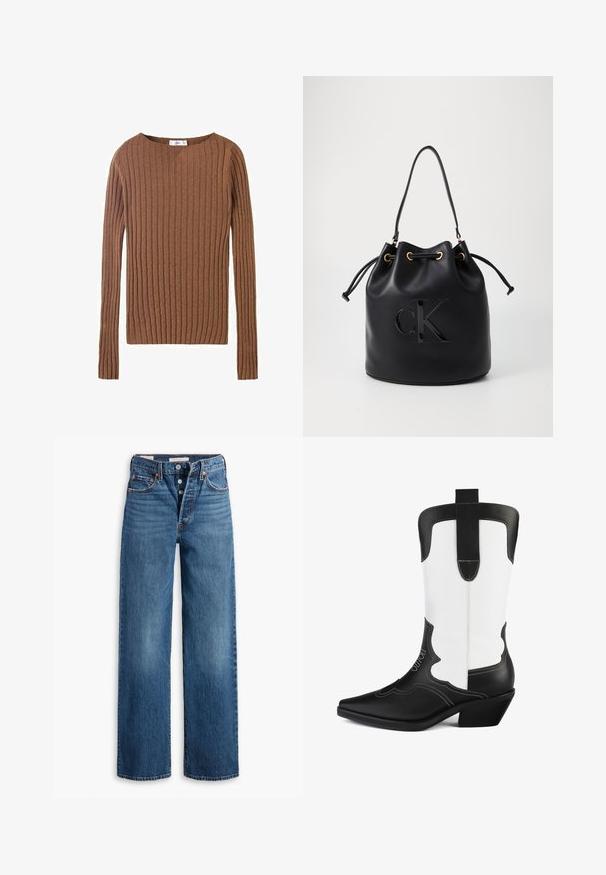 Brown ribbed long-sleeve sweater with a round neckline, showcasing a textured fabric that emphasizes vertical lines. Simple and fitted design.; Blue denim jeans with a wide-leg design, five pockets, button fly, and contrasting stitching. Textured fabric with a faded finish.; Black and white cowboy boot made of synthetic leather, featuring pointed toe, scalloped design, and a low block heel. Notable stitching detail.; Black leather bucket bag with drawstring closure, featuring a glossy "CK" logo on the front and gold-tone hardware accents.