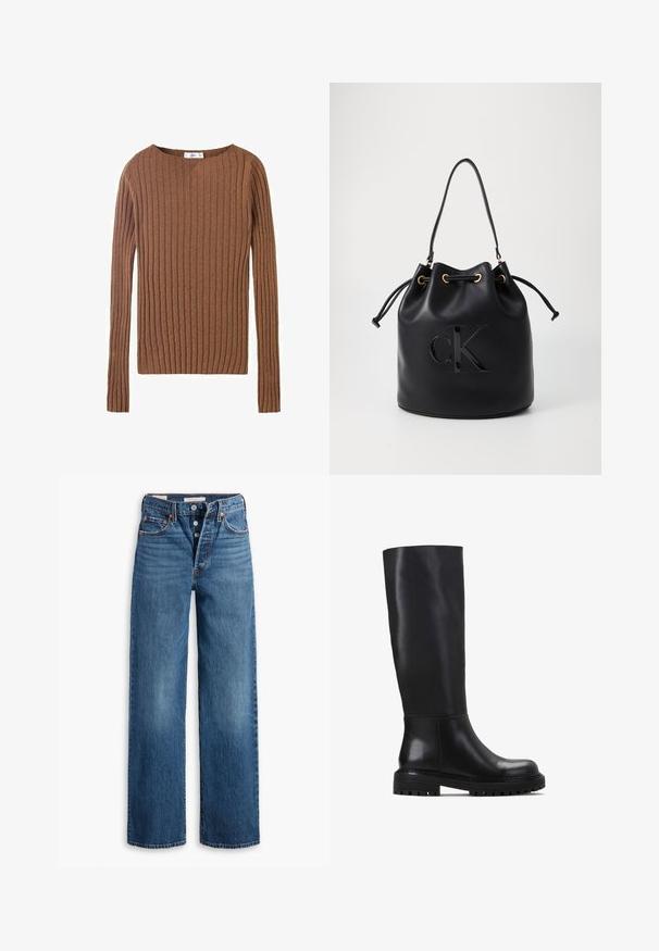 Brown ribbed long-sleeve sweater with a round neckline, showcasing a textured fabric that emphasizes vertical lines. Simple and fitted design.; Blue denim jeans with a wide-leg design, five pockets, button fly, and contrasting stitching. Textured fabric with a faded finish.; Black knee-high boots made of smooth leather. Features a rounded toe, sturdy sole with ridges, and minimalistic design.; Black leather bucket bag with drawstring closure, featuring a glossy "CK" logo on the front and gold-tone hardware accents.