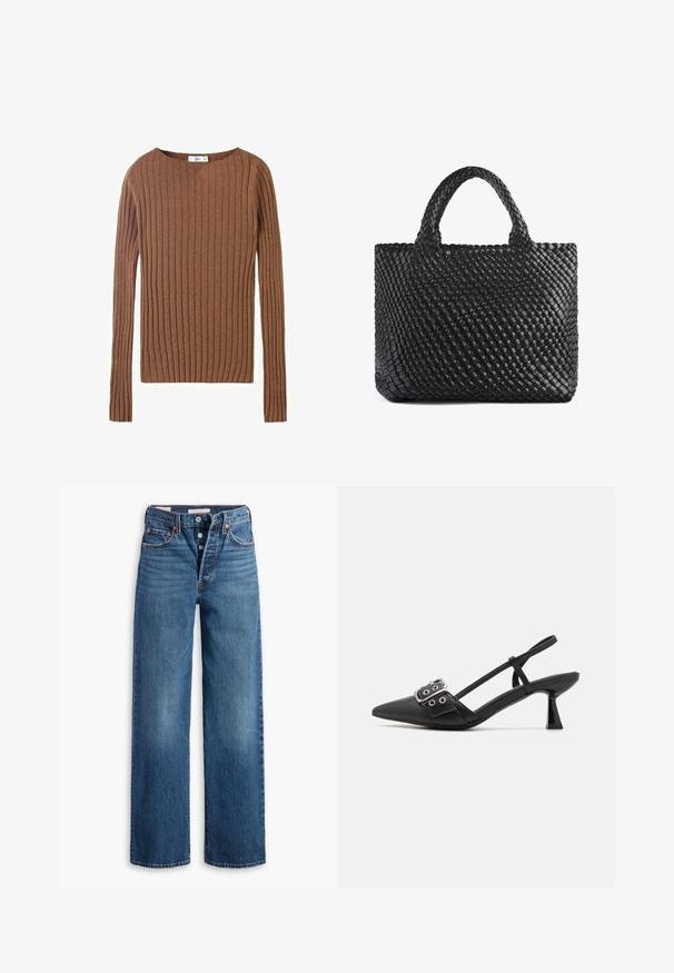 Hnedý rebrovaný sveter s dlhým rukávom a okrúhlym výstrihom, ktorý vystihuje textúrovanú látku zdôrazňujúcu vertikálne línie. Jednoduchý a priliehavý dizajn.; Modré džínsy s širokými nohavicami, piatimi vreckami, zapínaním na gombíky a kontrastným prešívaním. Štruktúrovaná tkanina s vyblednutým povrchom.; Simmi London DALA - Klasické lodičky na opätku - black; Čierna tkaná taška na rameno s dvoma rúčkami, s textúrovaným povrchom a obdĺžnikovým tvarom. Jednoduchý, jedinečný dizajn bez viditeľných kovových prvkov.