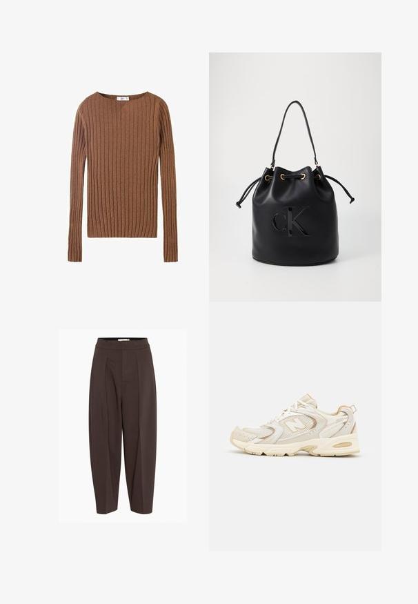 Bruine geribde langemouwen sweater met een ronde halslijn, die een gearceerd textiel laat zien dat verticale lijnen benadrukt. Eenvoudig en aansluitend ontwerp.; Bruine geplooide broek met een hoge tailleband, gemaakt van een gladde, textuurstof en taps toelopende pijpen, die een comfortabele fit biedt.; Beige sport schoenen met gaas- en synthetische overlays, voorzien van een textuur, een gevoerde kraag en "ABZORB" demping bij de hiel.; Zwarte leren emmer tas met trekkoord sluiting, voorzien van een glanzend "CK" logo aan de voorkant en gouden hardware accenten.