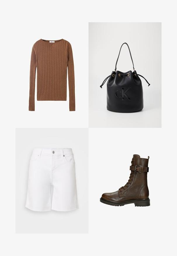 Brown ribbed long-sleeve sweater with a round neckline, showcasing a textured fabric that emphasizes vertical lines. Simple and fitted design.; White denim shorts with a raw hem, five pockets, and metal button closure. Features a fitted waist and relaxed leg design.; Brown leather lace-up ankle boot with a side buckle, round toe, rugged sole, and stitching details for added texture.; Black leather bucket bag with drawstring closure, featuring a glossy "CK" logo on the front and gold-tone hardware accents.
