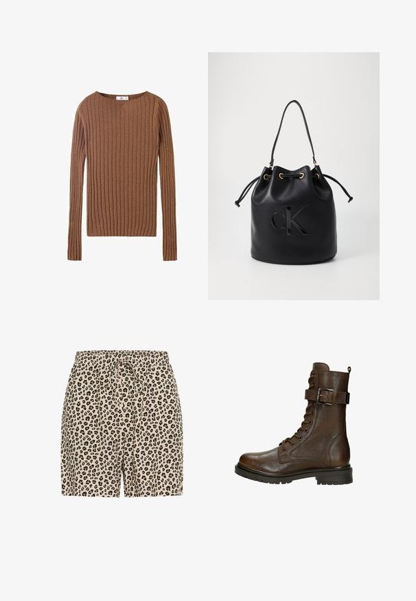 Bruine geribde langemouwen sweater met een ronde halslijn, die een gearceerd textiel laat zien dat verticale lijnen benadrukt. Eenvoudig en aansluitend ontwerp.; Beige korte broek met luipaardprint en zwarte en bruine vlekken. Voorzien van een elastische tailleband met een trekkoord voor aanpassing. Lichtgewicht materiaal.; Bruine leren veterschoen tot de enkel met een zijgesp, ronde neus, robuuste zool en stiksels voor extra textuur.; Zwarte leren emmer tas met trekkoord sluiting, voorzien van een glanzend "CK" logo aan de voorkant en gouden hardware accenten.