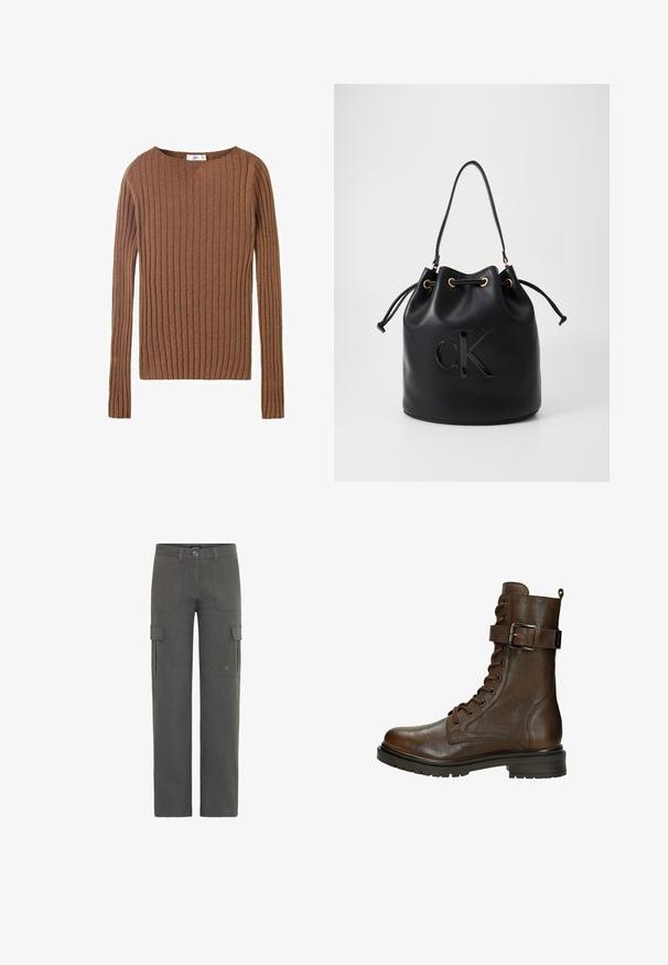 Brązowy prążkowany sweter z długim rękawem i okrągłym dekoltem, prezentujący teksturowany materiał, który podkreśla pionowe linie. Prosty i dopasowany fason.; Spodnie cargo w ciemnoszarym kolorze z bawełny o prostym kroju. Posiadają dwie boczne kieszenie oraz zapięcie na guzik. Wytrzymały materiał o lekko chropowatej fakturze.; Brązowy skórzany botek za kostkę na sznurowanie z boczną klamrą, okrągłym noskiem, ruggedową podeszwą i detalami szycia, które dodają tekstury.; Czarna skórzana torba typu bucket z zaciąganym zamknięciem, z błyszczącym logo "CK" z przodu i złotymi akcentami.