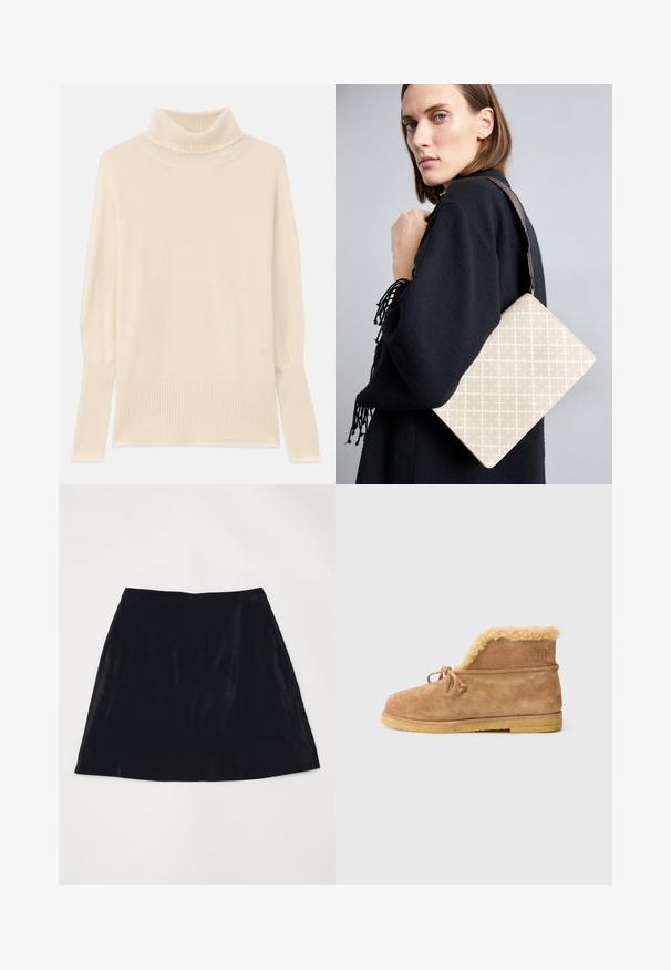 Kremo spalvos palaidinukė su aukštu kaklu, su raukiniais ant rankovių ir apačios. Minkšta tekstūra, laisvas kirpimas ir masyvi kaklo forma. Lengvas megztas audinys.; Juodas aksominis A formos sijonas, pasižymintis lygiu paviršiumi ir diskretišku užpakaliniu užtrauktuku. Paprastas dizainas be matomų raštų ar akcentų.; Rudi zomšiniai kulkšninių batai su pūkine pamušalu, raištelių ornamentu priekyje ir plokščiu guminiu padu ant balto fono.; Bežinė raštuota pečių tašė su struktūrine forma, turinti rudą tekstūruotą diržą. Nešama modelio prieš pilką foną.