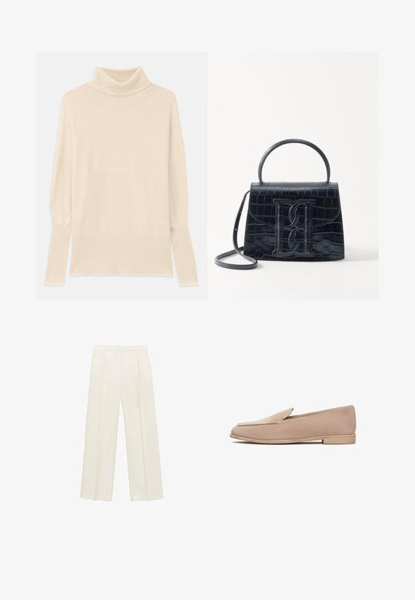 Kremasti turtleneck pulover s rebrastim rukavima i rubom. Mekana tekstura, opušteni kroj i masivni dizajn vrata. Lagani pleteni materijal.; Hlače širokog kroja u svijetloj krem boji. Izrađene su od glatkog materijala s plisama sprijeda i bočnim džepovima.; Bež suède mokasine s niskom petom, bademastog vrha i prošivenim detaljima duž rubova. Glatka tekstura i minimalistički dizajn.; Crna torba od krokodilne kože s uzorkom, strukturiranog dizajna, gornjom ručkom, podesivom trakom i istaknutim logotipom sprijeda.