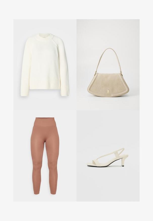 Cremefarbener Pullover mit einem gerippten Ausschnitt und Bündchen. Hergestellt aus einem weichen, strukturierten Stoff. Verfügt über eine lockere Passform und Raglanärmel.; Rippstrick-Leggings mit hohem Bund in einem warmen, gedämpften Braunton. Hergestellt aus dehnbarem Material, das einen engen Sitz und eine glatte Textur bietet.; Beige Blockabsatzsandalen mit dünnen Riemen und quadrater Spitze. Glattes Material mit minimalem Design, entworfen für einfaches Tragen.; Beige Wildleder-Handtasche mit einer abgerundeten dreieckigen Form, einem einzelnen Riemen und einem goldfarbenen Hardware-Detail auf der Vorderseite.