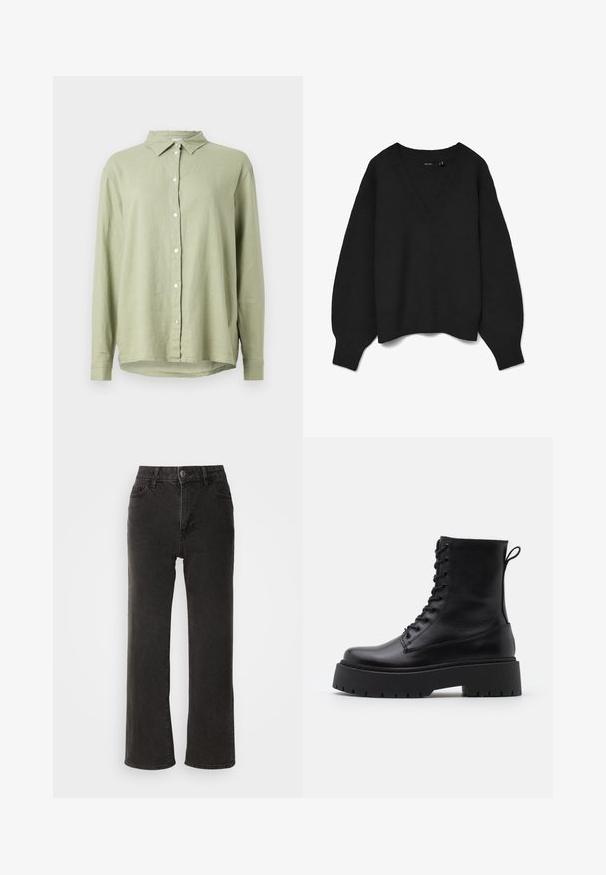 Maglione nero lavorato a maglia con scollo a V profondo, spalle scese e polsini e orlo a costine. Tessuto morbido con vestibilità oversize. Nessun motivo visibile.; Camicia di lino verde chiaro con chiusura a bottoni, colletto a punta e maniche lunghe. Presenta una vestibilità comoda e un orlo curvato.; Jeans neri a gamba larga in denim, caratterizzati da una chiusura frontale con bottone, passanti per cintura e cinque tasche, con una texture leggermente sbiadita.; Stivaletti in pelle nera alla caviglia con punta rotonda, lace-up frontale e suola in gomma spessa con battistrada textured. Tassello sul retro.