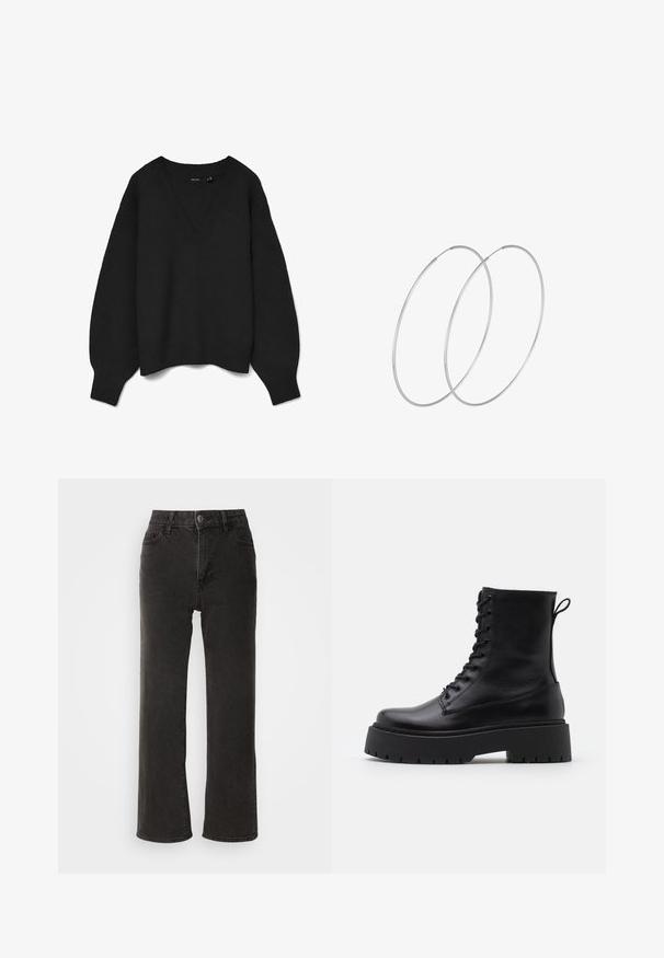 Black knitted sweater with a deep V-neck, drop shoulders, and ribbed cuffs and hem. Soft texture with an oversized fit. No visible patterns.; Black wide-leg jeans made of denim, featuring a front button closure, belt loops, and five pockets with a slightly faded texture.; Black leather ankle boots with a round toe, lace-up front, and a thick rubber sole featuring a textured tread. Pull tab at the back.; Silver hoop earrings with a minimalist design. Circular shape, smooth texture, and thin profile. Lightweight with a polished finish.