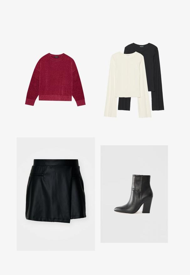 Rdeča pletena pulover s rebrastim okroglim izrezom in dolgimi rokavi. Tkanina ima teksturiran zaključek in skrajšan rob.; Nabor dveh dolgih rokavov v beli in črni barvi. Žameten vzorec, okrogla ovratnica, prilegajoča zasnova z rahlo razširjenimi rokavi.; Črno mini krilo iz umetnega usnja z oprijetim pasom, gladko teksturo in dvema sprednjima žepoma. Ima rahlo ovito zasnovo.; Črne usnjene gležnjarje z ostrim nosom, gladko teksturo, širokim blokastim petam in oblikovanim detajlom na vrhu.