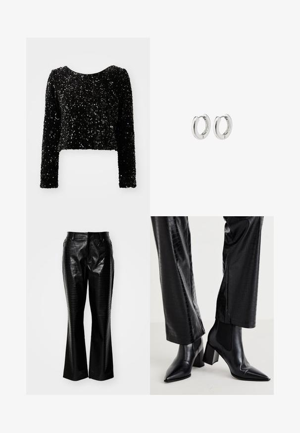 Black, cropped long-sleeve top made of sequined fabric, featuring a rounded neckline and textured surface of shimmering sequins.; Black faux leather pants featuring a textured crocodile skin pattern, flared legs, and a standard waistband with belt loops.; RAID NEMMA - Classic ankle boots - black metallic; Silver hoop earrings with a polished finish, featuring a circular design and seamless hinges, displaying a smooth texture.