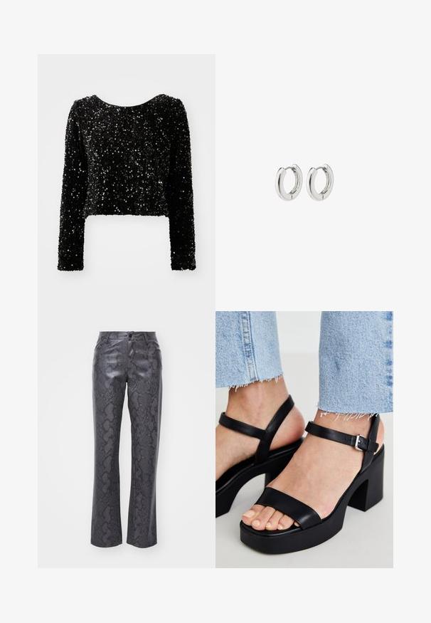 Svart, kortärmad topp med lång ärm tillverkad av paljettyg, med rundad halslinning och texturerad yta av skimrande paljetter.; Faux läderbyxor i mörkgrått med ett ormskinnsmönster. Har knäppning fram, raka ben och klassisk femficksdesign.; ALDO CELIE - Sandaletter - black; Silverörhängen med en polerad yta, med en cirkelformad design och sömlösa gångjärn, med en slät textur.