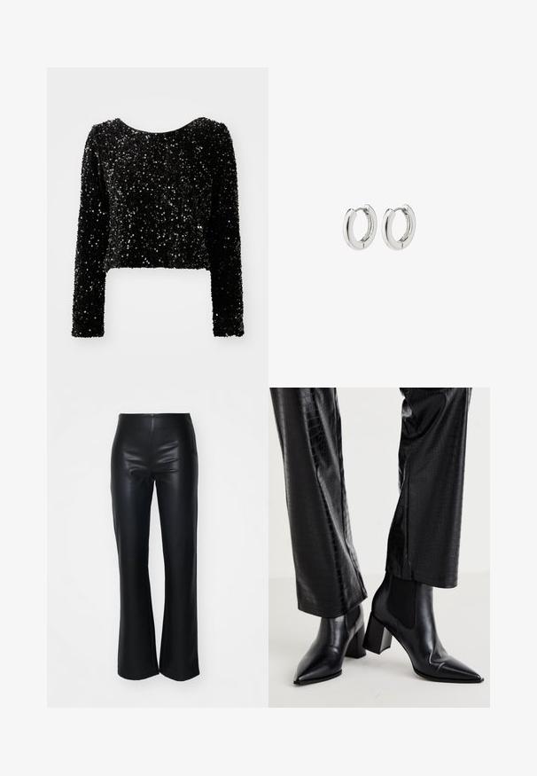 Črn, skrajšan top z dolgimi rokavi iz bleščečega materiala, ki ima okrogel izrez in teksturirano površino bleščic.; Črne hlače s širokimi nogami iz umetnega usnja z gladko teksturo, ki imajo oprijet pas in rahlo razširjene noge, zasnovane za eleganten silhuet.; RAID NEMMA - Klasični gležnjarji - black metallic; Srebrni obročasti uhani s poliranim finišom, ki se ponašajo s krožno zasnovo in brezšivnimi tečaji ter gladko teksturo.