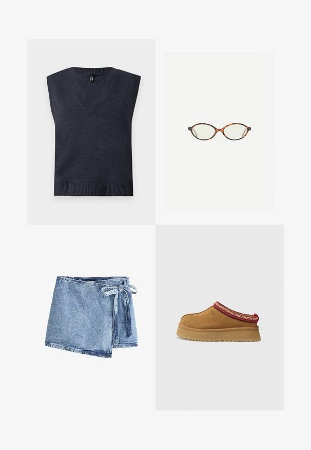 Tummanharmaa ilmanlepattava neuleliivi, jossa on V-pääntie ja ribbaushelma. Tasainen pinta; yksinkertainen muotoilu ilman lisäkuvioita tai -yksityiskohtia.; Denim wrap-skirt i lys blå, med en knytelukking. Stoffet har en teksturert overflate og en rå kant med kontrastsydd detaljer.; Ruskosuede-lenkkari, jossa on punavalkoinen kuvioitu reunus, teksturoidun pohjan ja UGG-logo sivussa. Sisältää kevyen korotuksen.; Kilpikonnakuosiset silmälasit, joissa on soikeat linssit ja tyylikäs, sileä pinta. Ominaisuudet: ohuet sivut, joissa on hienovarainen kaari temppeleissä. Kirkkaat linssit.; Punokas nahkainen olkalaukku, jossa on kaareva muotoilu, sileä pinta ja vetoketjuluukku. Laukussa on ohut kantohihna.