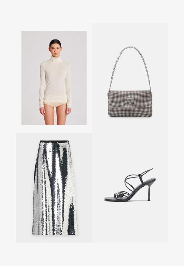 Dugotrajni turtleneck top u krem boji, izrađen od laganog materijala s glatkom teksturom; ima prilagođeni kroj i naglašene detalje na rubu.; Srebrna maxi suknja s paillettesom ravnog kroja, s crnim pojasom i naizmjeničnim vertikalnim prugama od sjajnih paillettes.; Crne sandale na visokoj potpetici imaju tanke trake s čvorastim dizajnom, glatki kvadratni vrh i elegantnu stiletto petu.; Svijetlosivi metalik ruksač s lancem, ukrašen malim okruglim metalnim zakovicama i trokutastim logotipom marke.; Srebro naušnice u obliku prstena s glatkom, sjajnom završnom obradom. Zaobljenog oblika, laganog dizajna, s kopčom na poleđini.