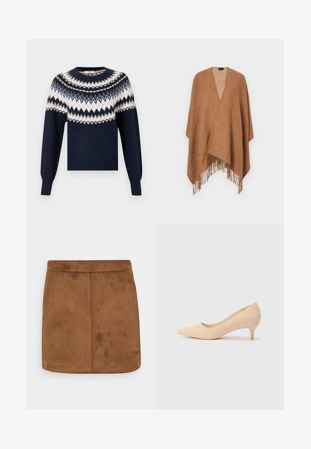 Pulover bleumarin cu mâneci lungi, având modele în zig-zag și diamante albe, bej și bleu deschis pe piept și umeri.; Fustă mini din suede maro, cu o textură netedă, croială dreaptă și un tiv fără cusături, având un design minimalistic fără modele sau embellishments.; Pumps din suede bej cu toc înalt, ascuțit, și toc subțire de 2 inci. Textură netedă cu detalii minime pe suprafața superioară.; Poncho țesut maro, cu un model texturat, având margini cu franjuri și un decolteu în V. Fabricat dintr-un material moale. Îmbrăcăminte exterioară casual.