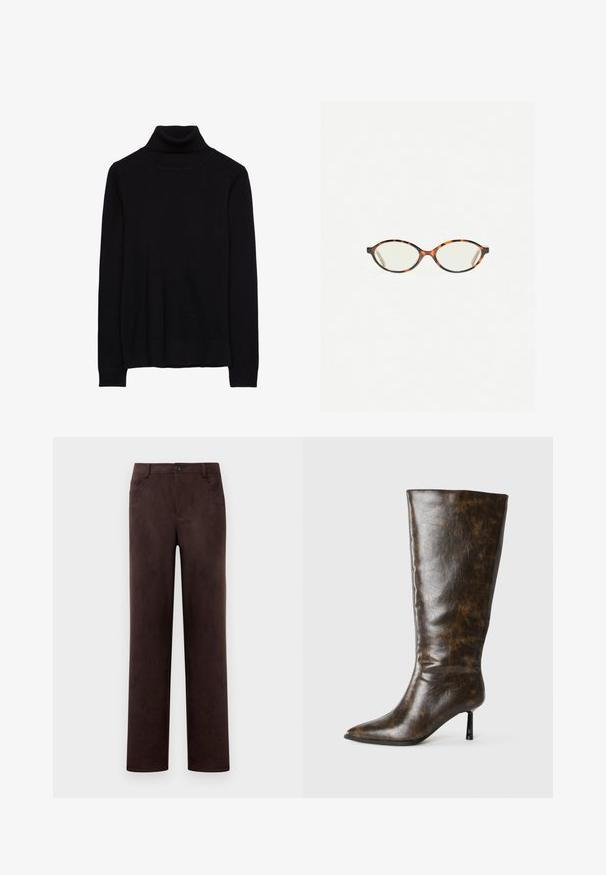 Un pull col roulé noir en maille douce. Présente des manches longues et des bords côtelés aux poignets et à l'ourlet. Design simple et classique sans motifs.; Pantalons en suède marron foncé à jambes droites avec fermeture à bouton et zip à l'avant, passants de ceinture et poches latérales.; Botte en cuir marron vieilli, hauteur genou, avec bout pointu et talon aiguille mince sur fond blanc.; Lunettes en écaille de tortue avec des verres ovales et une finition lisse et élégante. Présente des branches fines avec une courbure subtile au niveau des tempes. Verres transparents.; Sac en cuir tressé beige avec une bandoulière unique, de forme rectangulaire et à surface texturée. Matériel de bandoulière réglable inclus.