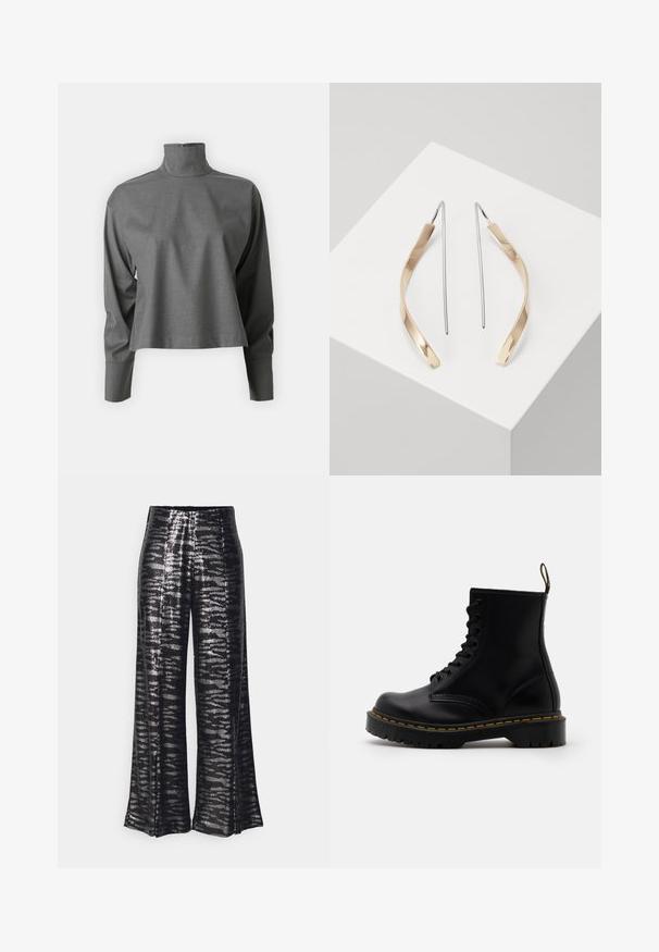 Mustade kapuutsiga sviiter, mille esipinnal on siluett tekstuuri taustal, valgete aktsentidega varrukatel ja känguru tasku.; Hallhalli hall must cropped turtleneck särk, mis on valmistatud tekstuurlisest kangast, pikad varrukad ja kõrge kaelus diskreetse tagazipiiriga.; Mustad laiad püksid läikiva sädelevate detailidega ja lainelise mustriga. Kõrge vöökoht, voolav siluett ja sile pind.; Mustad mustad nahast pahkluu saapad, millel on nöörid ees, kollased õmblused, ümar varvas ja paks, tekstuuriga kummitald.; Kulla- ja hõbedased ripatsid kõrvarõngad, millel on kõver, piklik kuju. Läikiv viimistlus koos sujuva tekstuuri ja minimalistliku kujundusega.