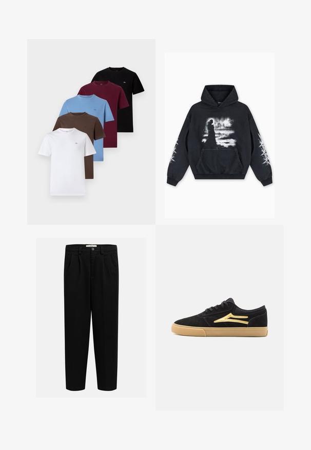 Juodas hoodie su priekinės grafikos siluetu prieš tekstūruotą foną, su baltais akcentais ant rankovių ir kengūros kišenėje.; Penki trumpomis rankovėmis marškinėliai: balti, rudi, mėlyni, bordo ir juodi. Pagaminti iš medvilnės, su apvaliu iškirpimu ir mažais logotipo akcentais ant kiekvieno.; Juodi kelnės, pagamintos iš minkštos medžiagos, su tiesaus kirpimo dizainu, priekinėmis klostėmis ir mygtukiniu užsegimu talijoje.; Juodos suede sportbačiai su guminėmis padangomis, puoštos auksinėmis detalėmis šone ir juodomis raištelėmis. Žemas profilio siluetas.