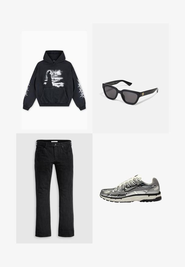 Sudadera negra con un gráfico frontal de una silueta sobre un fondo texturizado, con detalles en blanco en las mangas y un bolsillo tipo canguro.; Jeans de mezclilla negra con corte recto, que presentan un clásico diseño de cinco bolsillos, una sutil textura vertical y cierre frontal con botón.; Zapatilla deportiva en plata y negro con una parte superior de malla y sintético, diseño voluminoso y acabado texturizado. Presenta un cuello acolchado y suela de goma.; Gafas de sol rectangulares negras con acabado brillante, lentes oscuros y detalle en dorado en las patillas con el logotipo.