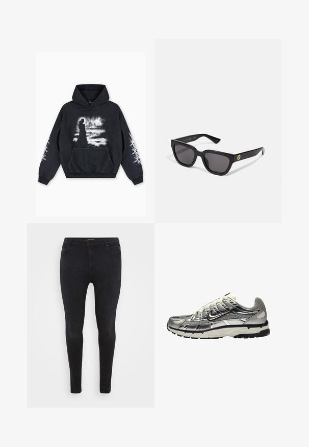 Sweatshirt preto com uma gráfica frontal de uma silhueta contra um fundo texturizado, apresentando detalhes brancos nas mangas e um bolso canguru.; Jeans skinny pretos feitos de denim, apresentando um design clássico de cinco bolsos e um corte ajustado. Textura suave com detalhes de costura mínimos.; Sapatilha atlética prateada e preta com parte superior em malha e sintético, design volumoso e acabamento texturizado. Apresenta um colarinho acolchoado e sola de borracha.; Óculos de sol retangulares pretos com acabamento brilhante, lentes escuras e detalhes em dourado na haste com o logótipo.; Brincos de argola prateados torcidos com um acabamento brilhante, apresentando uma textura trançada e um fecho de fecho seguro.