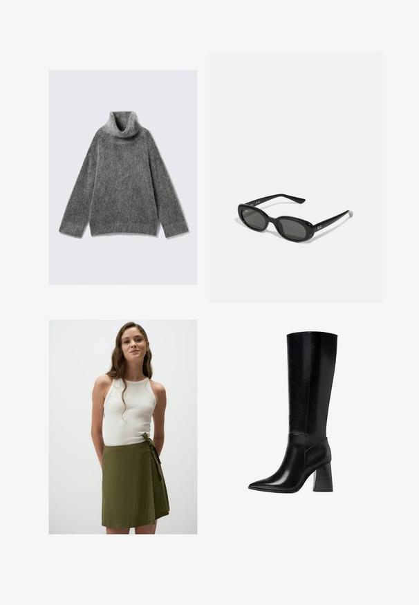 Pull à col roulé gris en matière tricot douce et duveteuse. Il a des manches longues, une coupe ample et un large col replié.; Débardeur blanc à côtes associé à une jupe enroulée vert olive arrivant au genou, ornée d'une ceinture à nouer à la taille. Tissu doux et léger.; Bottes en cuir noir arrivant au genou, avec un bout pointu, une texture lisse et un talon épais et cranté pour la stabilité. Design élégant avec des accents minimalistes.; Lunettes de soleil noires avec des verres ovales, monture en plastique brillant et branches fines. Présente le logo Ray-Ban en blanc sur le côté.; Sac en cuir noir avec des accents en métal doré, doté d'un fermoir signature, d'une bandoulière amovible et d'une surface texturée.