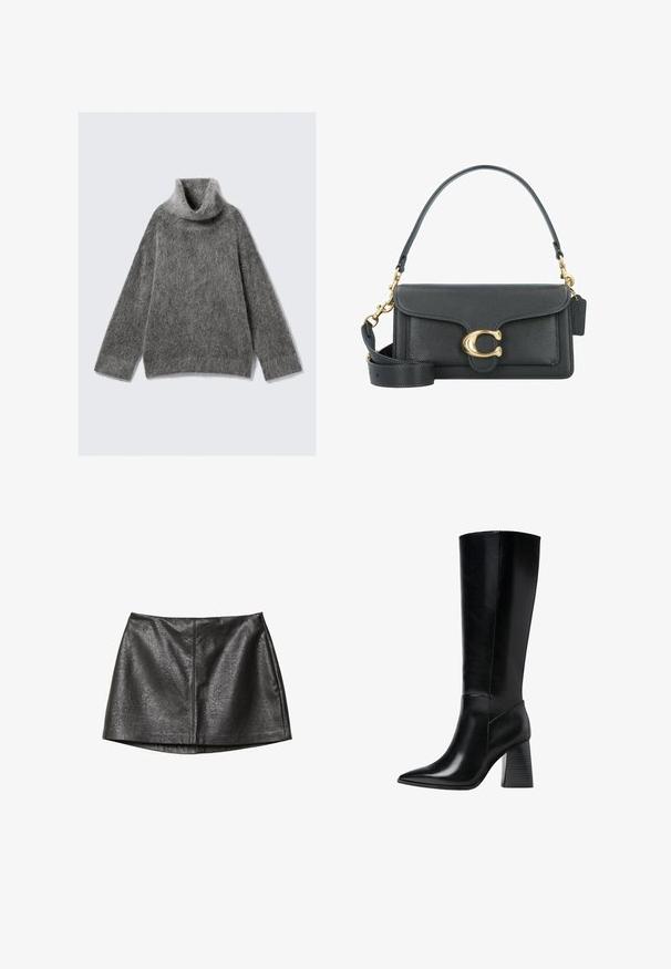 Grå turtleneck sweater lavet af blødt, fuzzy strikkemateriale. Har lange ærmer, løs pasform og en bred, foldet krave.; Sort faux læder nederdel med en glat tekstur, med en lige snit og en diskret glans, designet med minimale syninger.; Knæhøje sorte læderstøvler med spids tå, glat tekstur og en chunky rillede hæl for stabilitet. Elegant design med minimale accenter.; Sorte læderhåndtaske med et gyldent hardware-udstyr, der har en signaturlås, en aftagelig skulderrem og en tekstureret overflade.