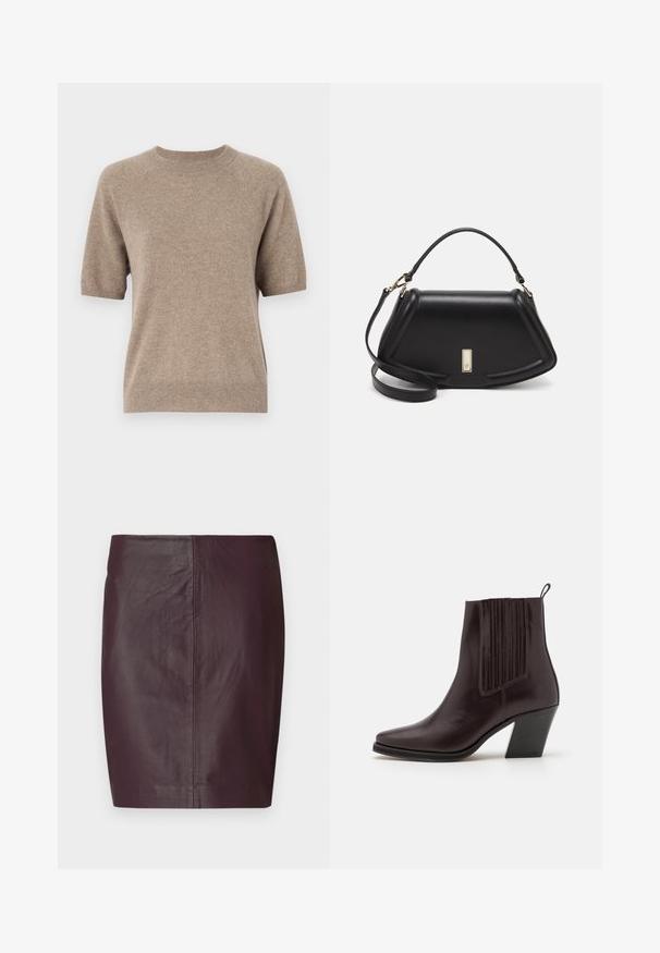 Rövid ujjú pulóver világos bézs színben, puha, texturált anyagból készült. Kerek nyakú és bordázott mandzsettákkal, valamint aljjal rendelkezik. Hétköznapi stílusú.; Sötét bordó bőr szoknya sima textúrával, testhezálló fazonban és egyenes sziluettel. Minimális varrásokkal és látható fémalkatrészek nélkül.; Sötétbarna bőr bokacsizma hegyes orral, oldalt függőleges bordázott részletekkel és közepes magasságú tömbsarkúval.; Fekete bőr kézitáska, strukturált dizájnnal, rövidített formával, felső fogantyúval és arany színű kiegészítőkkel. Állítható vállpánt is tartozik hozzá.