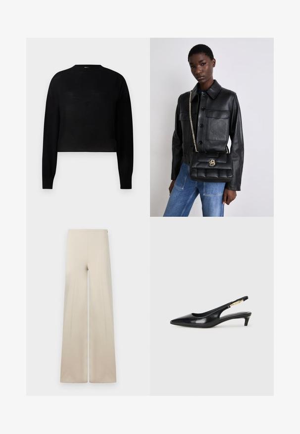 Black, long-sleeve cropped sweater with a round neckline. Made from a lightweight material with a smooth texture and minimal design.; Beige wide-leg pants made from soft fabric with a smooth texture. Features a high elastic waistband for comfort and a clean, minimalist design.; Black leather slingback heels with a pointed toe, featuring a slim heel and a gold-tone accent on the adjustable strap. Smooth texture.; Black leather jacket with button closure and two front pockets, paired with a black quilted handbag featuring a gold clasp and chain strap.