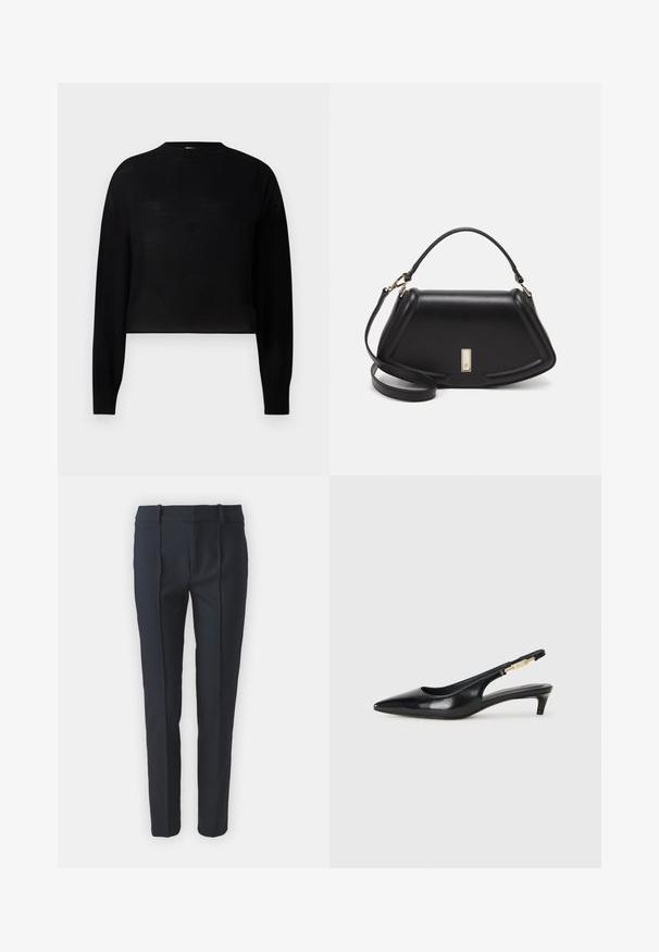 Crni, dugi rukavi, skraćeni pulover s okruglim izrezom. Izrađen od laganog materijala s glatkom teksturom i minimalnim dizajnom.; Tamnoplave krojene hlače s glatkom teksturom, koje imaju prednje nabore, petlje za remen i ravni kroj, izrađene od lagane tkanine.; Crne kožne sandale s petom, s izduženim vrhom, imaju usku petu i zlatni akcent na podesivoj traci. Glatka tekstura.; Crna kožna torba s strukturiranim dizajnom, s krojenim oblikom, gornjom drškom i zlatnim detaljima. Uključena je podesiva ramena traka.