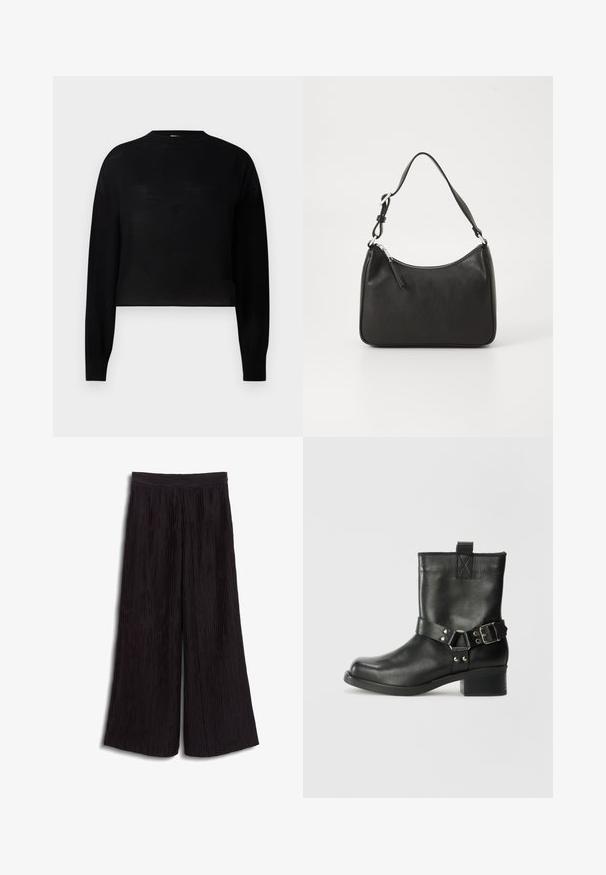 Svart, langermet kortermet genser med rund hals. Laget av et lett materiale med en jevn tekstur og minimal design.; Sorte vidde bukser laget av teksturert stoff med vertikale folder. Har høy midje og en flytende, løs passform.; Samsøe Samsøe SABRENTA - Cowboystøvletter - black; Svart lærveske med en buet form, en enkelt stropp, glidelåslukking og subtil merkevarebygging på forsiden. Glatt tekstur, minimalistisk design.