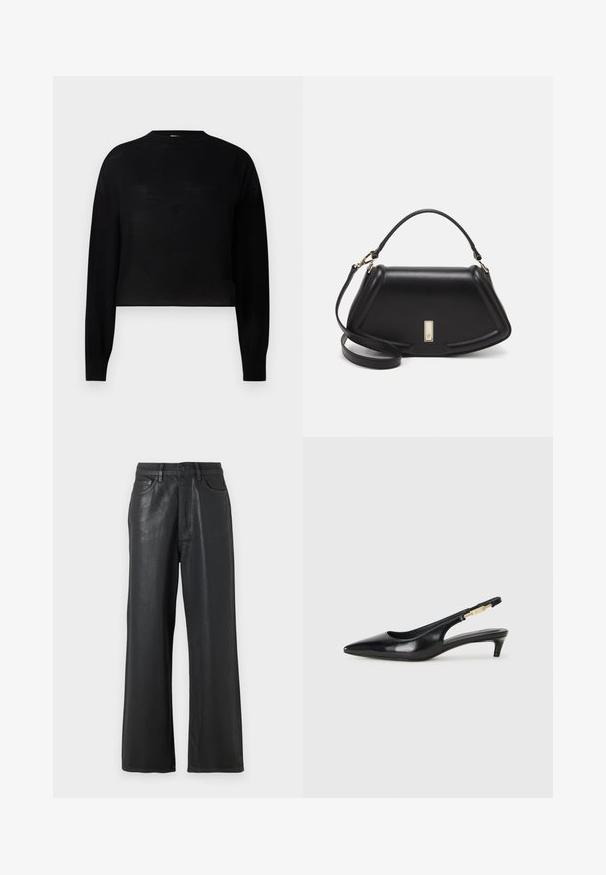 Black, long-sleeve cropped sweater with a round neckline. Made from a lightweight material with a smooth texture and minimal design.; Black wide-leg trousers made from a glossy material. Features a button closure, belt loops, and front pockets with a smooth texture.; Black leather slingback heels with a pointed toe, featuring a slim heel and a gold-tone accent on the adjustable strap. Smooth texture.; Black leather handbag with a structured design, featuring a cropped shape, top handle, and gold hardware accent. Adjustable shoulder strap included.