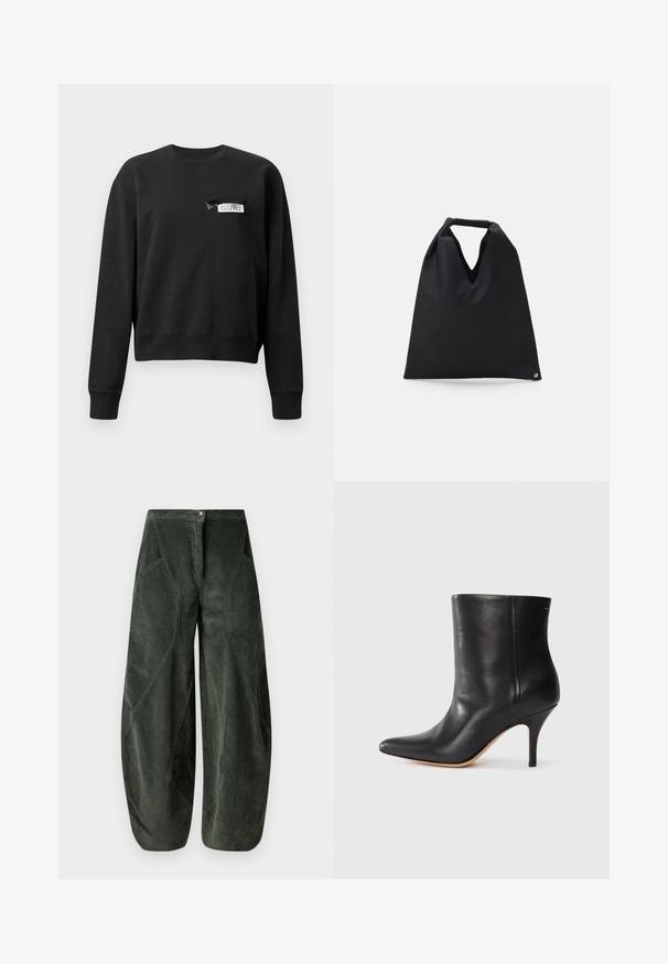 Black long-sleeve crewneck sweatshirt with a small white and black label sewn near the left chest area.; Wide-legged pants in dark green corduroy fabric, featuring a button closure and angled side pockets with a textured, ribbed pattern.; Black leather ankle boot with pointed toe, slim stiletto heel, and smooth texture. Minimalist design with no visible hardware or accents.; MM6 Maison Margiela SMALL JAPANESE - Tote bag - black
