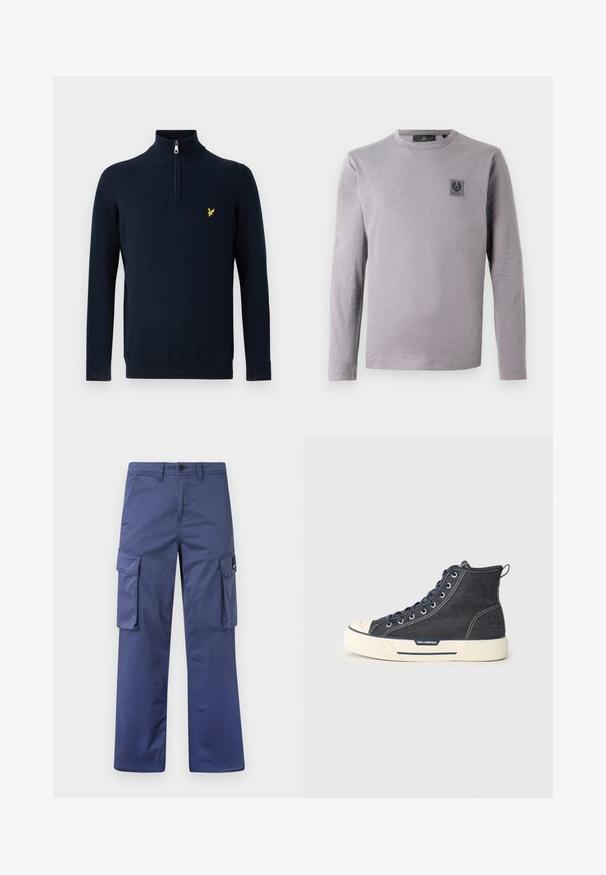 Tmavomodrý pulóver s polovičným zipsom na golieri, vyrobený z hladkej látky; na hrudi má malú žltú vyšívanú značku.; Šedé tričko s dlhým rukávom z mäkkej bavlny. Má okrúhly výstrih a malú tmavú náplasť s logom na hrudi. Hladká textúra, ležérny dizajn.; Námornícke cargo nohavice vyrobené z odolného materiálu, s bočnými vreckami, rovnými nohavicami a zapínaním na gombík v oblasti pásu.; High-top tenisky vyrobené z tmavého denimu s krémovou gumovou podrážkou, s námorníckymi šnúrkami a zadným úchytom. Logo na boku.