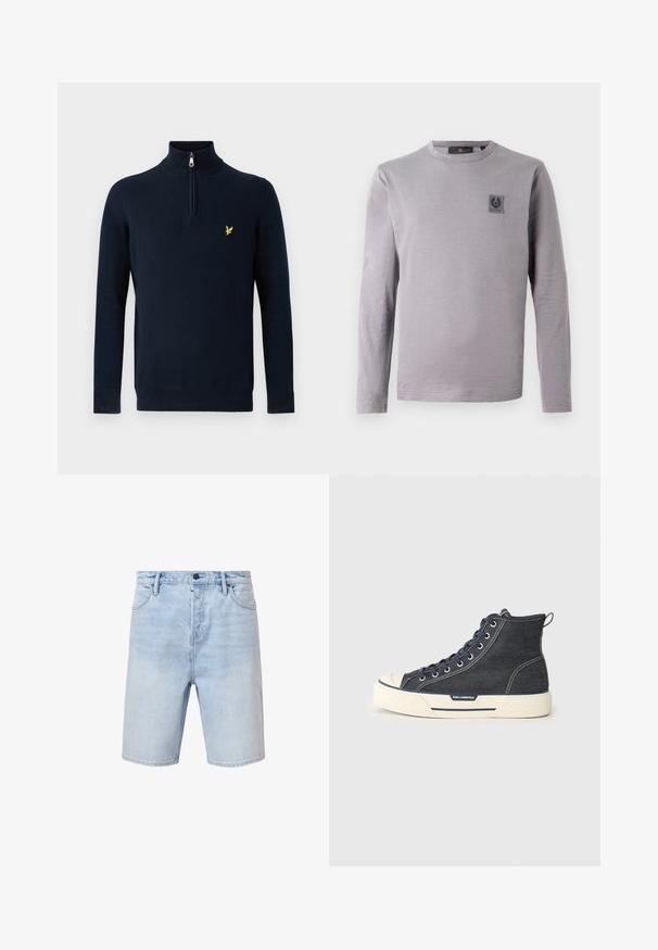 Navy blue pullover with a half-zip collar, made of smooth fabric; features a small yellow embroidered logo on the chest.; Gray long-sleeve t-shirt in soft cotton. Features a round neckline and a small dark label patch on the chest. Smooth texture, casual design.; Light blue denim shorts with a regular fit, five-pocket design, and a button fly. Features subtle fading and stitched hem.; High-top sneakers made of dark denim with a cream rubber sole, featuring navy laces and a rear pull tab. Logo on the side.