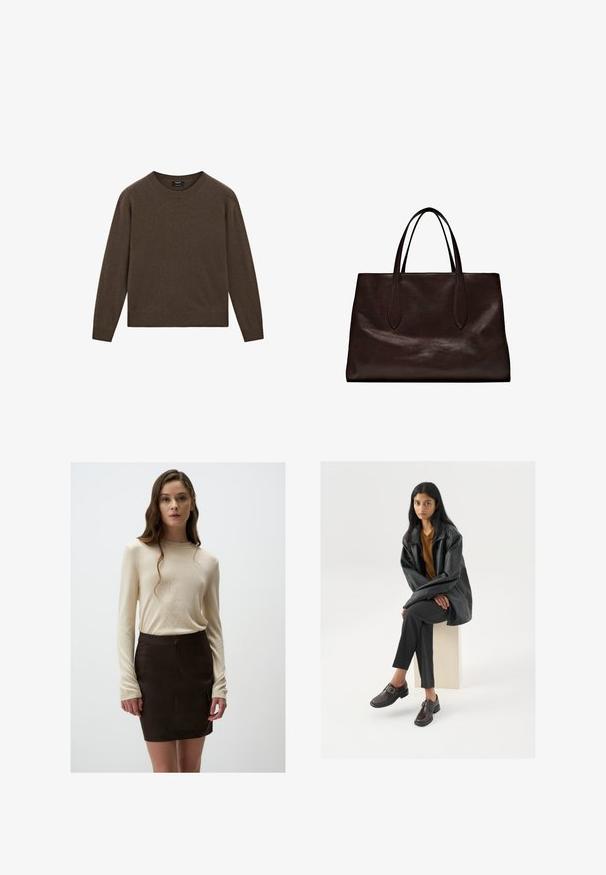 Brauner Strickpullover mit rundem Ausschnitt und langen Ärmeln. Verfügt über gerippte Bündchen und Saum, hergestellt aus einem weichen, leichten Material.; Beige Langarm-Strickoberteil kombiniert mit einem taillierten braunen Minirock. Das Oberteil hat eine gerippte Textur und der Rock verfügt über Fronttaschen.; Schwarze lederne Oversize-Jacke, orangefarbenes Oberteil, graue maßgeschneiderte Hosen und braune Schnallenschuhe, sitzend auf einem hellen Block vor einem weißen Hintergrund.; Massimo Dutti Handtasche - brown