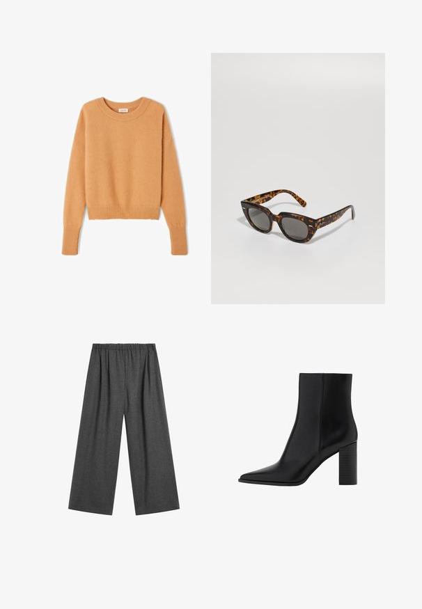 Mörkgul tröja i mjukt, fluffigt material. Har rundad halsringning, ribbade ärmslut och en kort design med en avslappnad passform.; Breda byxor i mörkgrått tyg med elastisk midja, som har en texturerad yta utan synliga mönster eller fickor.; Svart läderankelboot med spetsig tå, fyrkantig klack, slät yta och sömnadsdetaljer längs sömmarna. Klacken mäter cirka 8,9 cm.; Sköldpaddsmönstrade solglasögon med kantiga bågar och grå linser. Har en glänsande yta och subtil märkning på skalmarna.; Blå läderhandväska med rundad form, enkel axelrem, zipförslutning och präglat varumärke framtill. Slät textur.