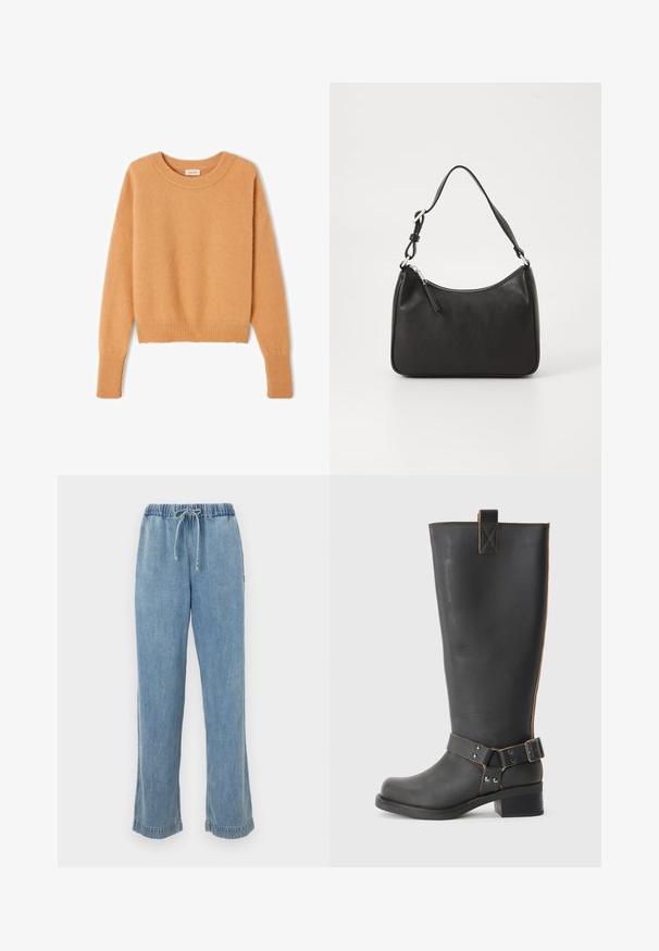 Aukso spalvos megztinis, pagamintas iš minkštos, pūkuotos medžiagos. Turi apvalų kaklą, raukšlėtus rankogalius ir sutrumpintą dizainą su laisva apdaila.; Šviesiai mėlyni džinsai su elastinga juosmens juosta, raišteliu ir suktomis kelnių apačiomis. Tiesios kojų linijos dizainas su patogiu pritaikymu.; Juodų odinių iki kelių botų su tekstūruotu paviršiumi, šonuose su sagtimi ir žemu kulnu. Išsamus siuvinėjimas palei siūles.; Juoda odinė rankinė su išlenkta forma, viena dirželiu, užtrauktuko uždarymu ir subtiliu ženklinimu priekyje. Lygus paviršius, minimalistinis dizainas.