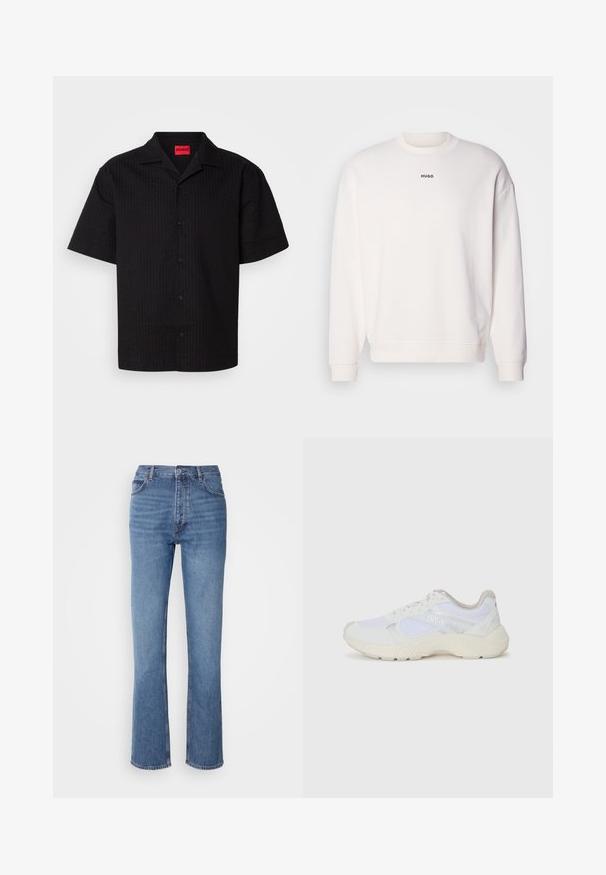 Valge ümmarguse kaelusega sviiter, mis on valmistatud pehmest puuvillasegust, omab lõdva istuvust, soonikuid mansettides ja musta "HUGO" logo rinnal.; Lühikeste varrukatega must nööpidega särk, millel on tekstuuriga muster, terav krae ja punane brändi silt, nähtavate nööpidega piki nööbirea.; Sinised denim teksad kõrge vöökoha, sirge jala disaini ja kerge pleekimisega. Omavad klassikalist viit taskut ja tõmbluku sulgemist.; Valged sportlikud jalanõud, mis on valmistatud võrkkangast ja seemisnahast, sisaldavad tekstureeritud vahetald, tekstureeritud aktsentide ning küljes oleva "HUGO" logo.