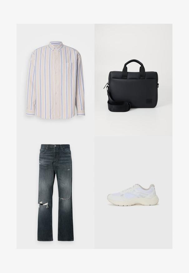 Bílá mikina s kulatým výstřihem vyrobená z měkké bavlněné směsi, s uvolněným střihem, vroubkovanými manžetami a černým logem "HUGO" na hrudi.; Košile na knoflíky z měkké bavlny, s vertikálními béžovými a světle modrými pruhy, dlouhými rukávy a jednou náprsní kapsou.; Džínové kalhoty v tmavém praní s uvolněným střihem, které mají dvě roztržené díry na kolenou, standardní zapínání na knoflík a pět kapsových design.; Bílé sportovní boty vyrobené z síťoviny a semiše, s texturovanou mezipodešví, texturovanými akcenty a logem "HUGO" na boku.; Černá texturovaná taška na laptop s dvojitými horními uchy, odnímatelným popruhem, zipovým uzávěrem a malou logo nášivkou pro branding.
