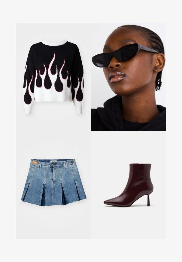 Crni pleteni pulover s uzorkom plamena u bijeloj i crvenoj boji, s okruglim izrezom i rebrastim manžetama i donjim rubom. Skraćeni kroj, mekana tekstura.; Denim mini suknja u svijetloplavoj boji, s plisiranim dizajnom, sirovim rubom i brandiranim kožnim oznakom na pojasu. Zatvaranje na patentni zatvarač i dugme.; Bordo lakirana čizma do gležnja s oštrim vrhom i uskim stiletto potplatom, s glatkom, sjajnom teksturom i minimalističkim dizajnom.; Crne mačje naočale s mat finišem, koje imaju elegantan dizajn i blago zakrivljene rubove, postavljene na pozadini tamne odjeće modela.; Zlatne naušnice s glatkim, zaobljenim oblikom koje imaju reflektirajuću površinu i sistem kopčanja na stražnjoj strani za sigurno nošenje.