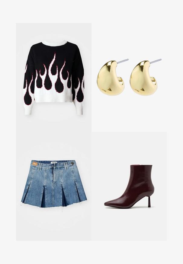 Must ära punase ja valge leekmustriga must kudum, millel on ümmargune kaelus ja soonikvarrukad ning -äär. Lühendatud lõige, pehme tekstuur.; Hele sinine teksaseelik, millel on volditud disain, toorülem ja bränditud nahkplekk vöökohal. Luku ja nupuga sulgur.; Burgundi patendnahast pahklu saapad terava ninaga ja slim stilettokanna, millel on sile ja läikiv tekstuur ning minimalistlik disain.; Kuldse värviga kõrvarõngad, millel on siledad ja ümarad kujundid, peegeldav pind ning tagumine kinnitus, mis tagab kindla kandmise.