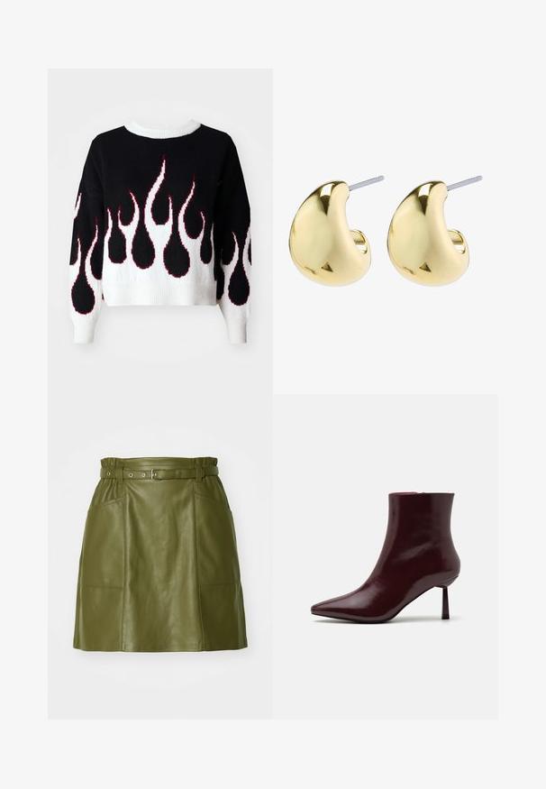 Suéter negro de punto con un diseño de llamas en blanco y rojo, con cuello redondo y puños y dobladillo de canalé. Ajuste corto, textura suave.; Falda de cuero verde oliva con cintura ceñida, que presenta dos bolsillos frontales y una textura suave. Silueta en A con un diseño moderno.; Botín de charol burdeos con punta afilada y tacón de aguja delgado, que presenta una textura suave y brillante y un diseño minimalista.; Pendientes de color dorado con una forma suave y redondeada, que cuentan con una superficie reflectante y un cierre de palanca para un uso seguro.