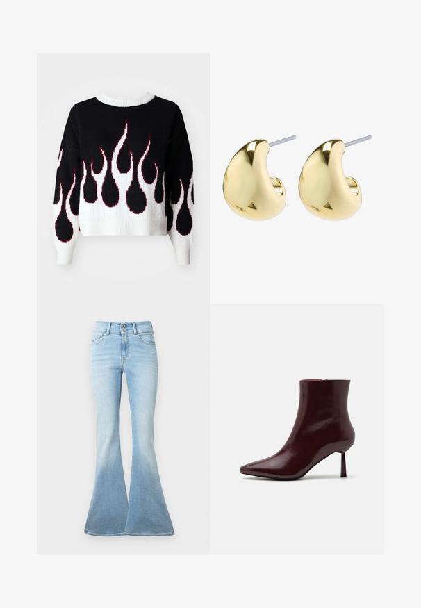 Maglione nero lavorato a maglia con motivo a fiamma in bianco e rosso, dotato di scollo rotondo e polsini e orlo a costine. Vestibilità corta, texture morbida.; Jeans svasati di colore azzurro realizzati in denim. Presentano una vita alta con due bottoni e un leggero sbiadimento verso l'orlo. Design classico a cinque tasche.; Stivale alla caviglia in pelle laccata bordeaux con punta affusolata e tacco stiletto sottile, caratterizzato da una texture liscia e lucida e da un design minimalista.; Orecchini color oro con una forma liscia e arrotondata, caratterizzati da una superficie riflettente e una chiusura a perno per un indossamento sicuro.