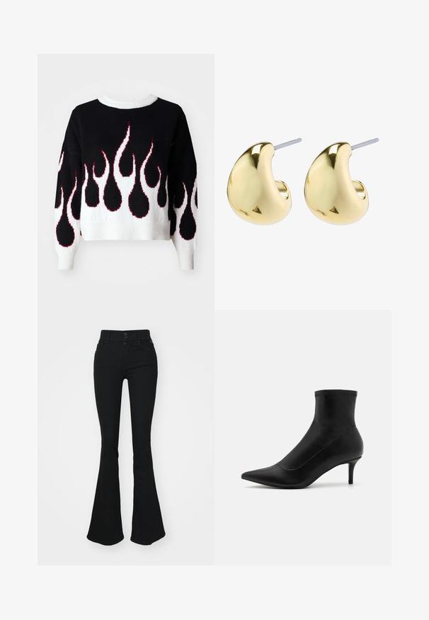 Black knitted sweater with a flame pattern in white and red, featuring a crew neck and ribbed cuffs and hem. Cropped fit, soft texture.; Black flared jeans with a high waist, featuring two front buttons and a zipper. Made of a soft denim material with a smooth texture.; Black ankle boots made of smooth leather with a pointed toe and a short, thin heel. Features a seamless design and subtle stitching accents.; Gold-colored earrings with a smooth, rounded shape featuring a reflective surface and a post back for secure wear.