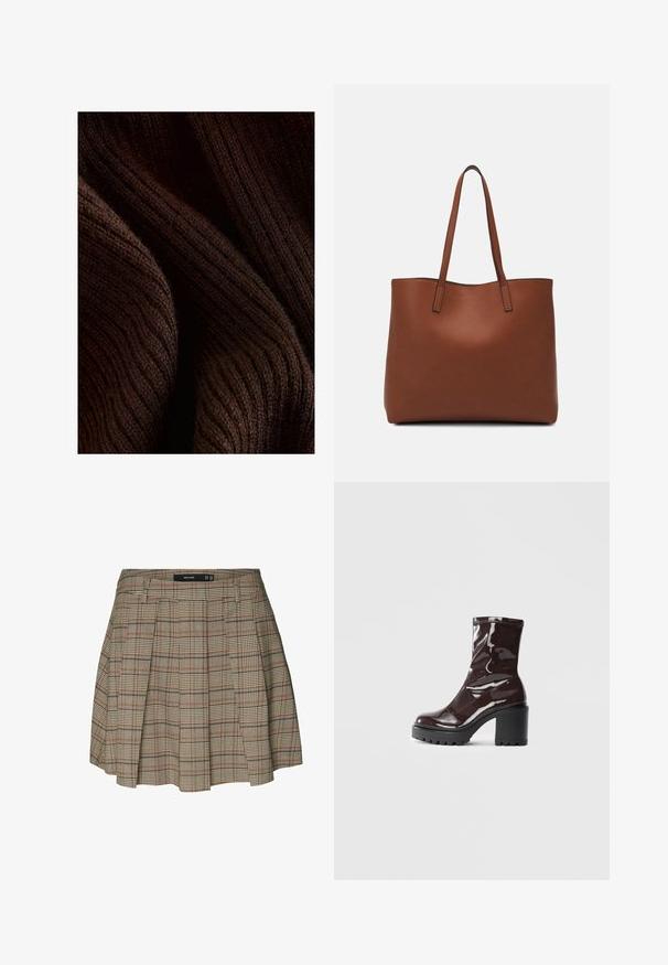 Tumepruun soonikkangast, millel on pehme tekstuur, laineline muster ja õrn sära, voltitud sügavuse ja mõõtmete väljatoomiseks.; Vero Moda VMELLIE MITTLERE TAILLE - A-lõikeline seelik - silver mink; Klakav läikiv burgundi värvi pahkluu saabas, millel on paks must konts, sile tekstuur ja lihtne disain. Nähtavad kinnitused või mustrid puuduvad.; Pruun nahast tote-kott, millel on sile tekstuur, avatud ülaosa disain ja kaks õlarihma. Omab minimaalset õmblust ja nähtavat riistvara ei ole.