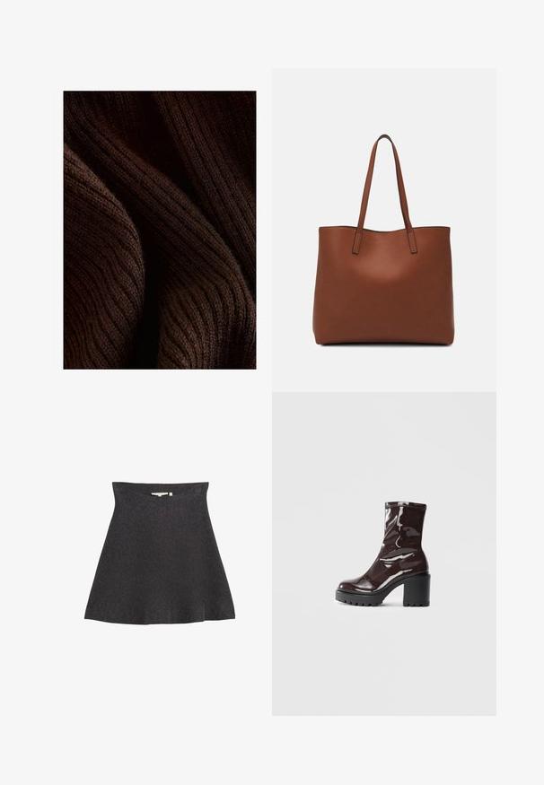 Dunkelbrauner gerippter Stoff mit einer weichen Textur, der ein gewelltes Muster und dezenten Glanz aufweist, gefaltet, um Tiefe und Dimension zu zeigen.; Ein ausgestellter, dunkelgrauer Rock aus weichem Stoff, mit einem hohen Bund und glatter Textur, ohne sichtbare Muster oder Beschläge.; Glatte bordeauxrote Ankle Boots mit einem klobigen schwarzen Absatz, die eine glatte Oberfläche und ein einfaches Design aufweisen. Keine sichtbaren Verschlüsse oder Muster.; Braune Leder-Tote mit glatter Textur, offenem Oberteil und zwei Schulterriemen. Verfügt über minimale Nähte und keine sichtbaren Beschläge.