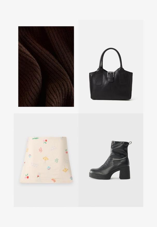 Tumši brūns ribots audums ar mīkstu tekstūru, kam raksturīga viļņaina raksts un smalka spīduma, salocīts, lai parādītu dziļumu un dimensiju.; Izšūta kokvilnas blūze ar krēmkrāsas fonu, kurā ir krāsaini pludmales motīvi, piemēram, lietussargi, viļņi, zivis un ķirši.; Melni potītes zābaki, kas izgatavoti no gludas ādas, ar sānu rāvējslēdzēju, masīvu strukturētu papēdi un noapaļotu purngalu.; Melnas ādas somiņa ar gludu tekstūru, strukturētu formu, divām rokturām un izteiktu sudraba sprādzi priekšpusē.