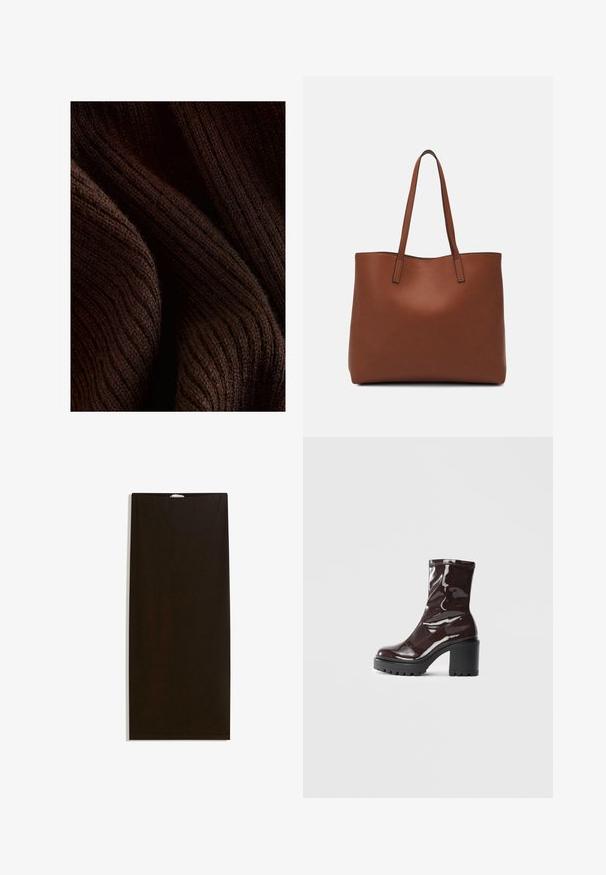 Tamno smeđi rebrasti materijal s mekanom teksturom, s valovitim uzorkom i suptilnim sjajem, presavijen kako bi se prikazala dubina i dimenzija.; Crna suknja od tkanine ravnog kroja, glatke teksture, s skrivenim pojasom, bez dodatnih uzoraka ili metalnih detalja.; Sjajna burgundska čizma do gležnja s debelim crnim potplatom, koja se odlikuje glatkom teksturom i jednostavnim dizajnom. Nema vidljivih kopčanja ili uzoraka.; Smeđa kožna torba preko ramena s glatkom teksturom, otvorenim vrhom i dvjema naramenicama. Ima minimalne šavove i nema vidljivog hardvera.