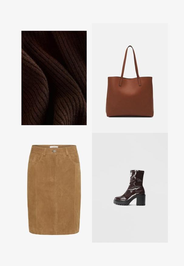 Tumepruun soonikkangast, millel on pehme tekstuur, laineline muster ja õrn sära, voltitud sügavuse ja mõõtmete väljatoomiseks.; Pruunist nubukist pliiatsiseelik sileda tekstuuriga, esipockets, nupulukuga ja vertikaalsete õmblustega.; Klakav läikiv burgundi värvi pahkluu saabas, millel on paks must konts, sile tekstuur ja lihtne disain. Nähtavad kinnitused või mustrid puuduvad.; Pruun nahast tote-kott, millel on sile tekstuur, avatud ülaosa disain ja kaks õlarihma. Omab minimaalset õmblust ja nähtavat riistvara ei ole.