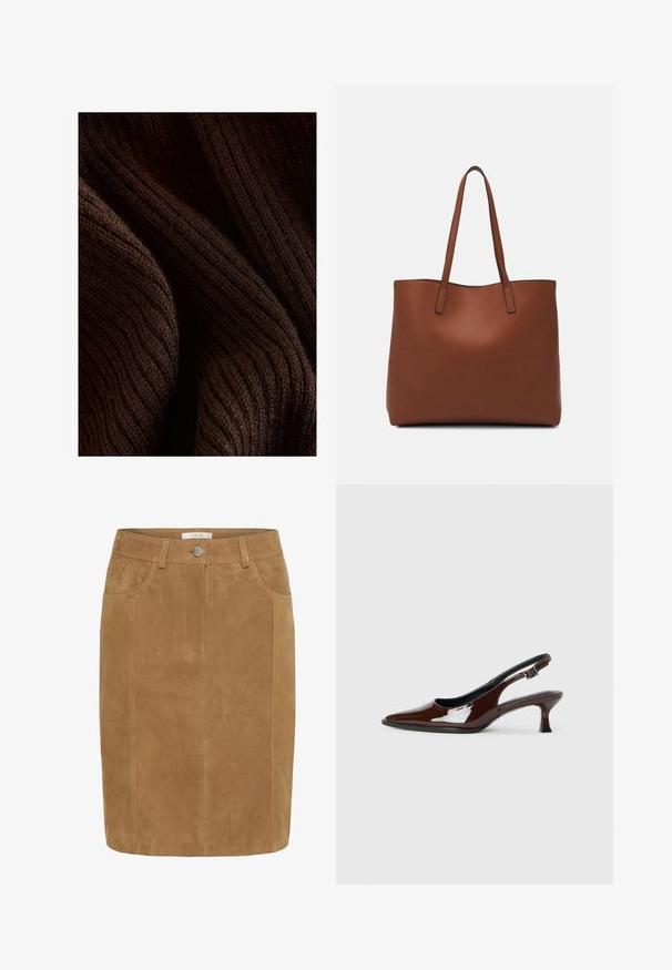 Dunkelbrauner gerippter Stoff mit einer weichen Textur, der ein gewelltes Muster und dezenten Glanz aufweist, gefaltet, um Tiefe und Dimension zu zeigen.; Brauer Wildleder-Bleistiftrock mit glatter Textur, seitlichen Taschen, Knopfverschluss und vertikalen Nahtdetails.; Braune Lackleder-Slingback-Schuhe mit spitzer Zehe und moderatem Absatz. Mit einem Schnallenriemen für einen sicheren Sitz. Glatte Textur.; Braune Leder-Tote mit glatter Textur, offenem Oberteil und zwei Schulterriemen. Verfügt über minimale Nähte und keine sichtbaren Beschläge.